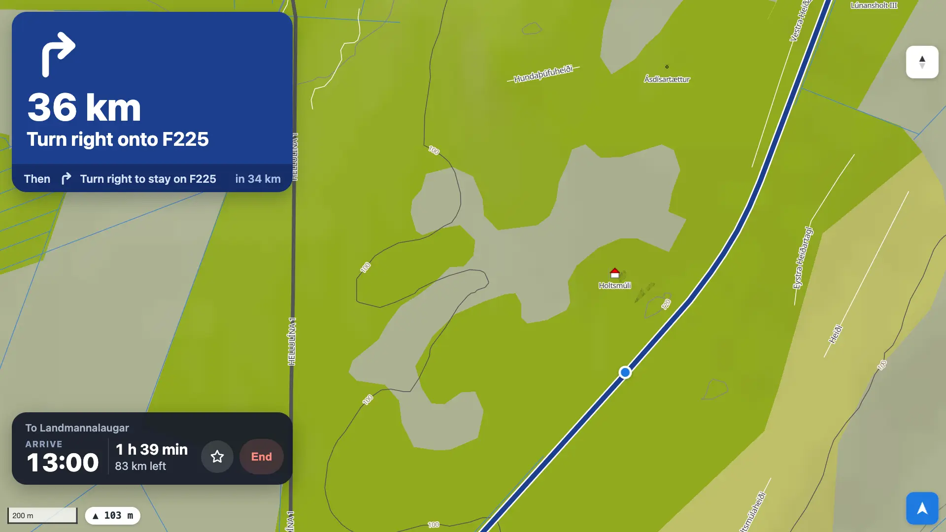 Navigating on a wide head-unit screen: the next turn and the trip panel in a column on the left, the map with the route on the right