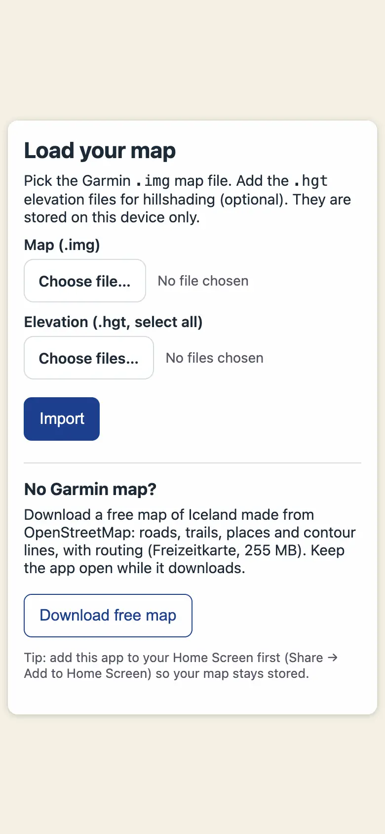 The import screen with fields for the map file and the elevation files, an Import button, and a button to download a free map of Iceland