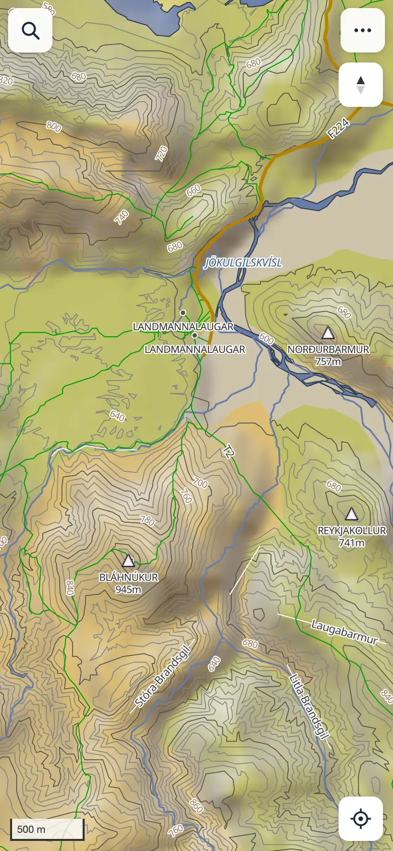The map around Landmannalaugar with hillshading, contour lines, rivers and place names
