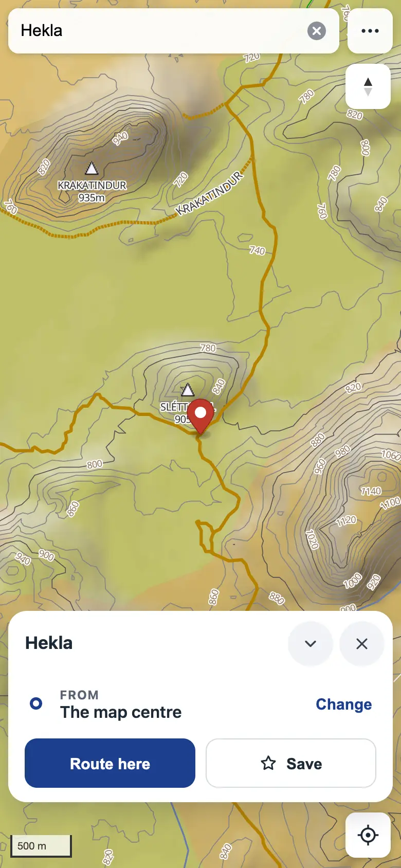 A place card for Hekla on the map with Route here and Save buttons