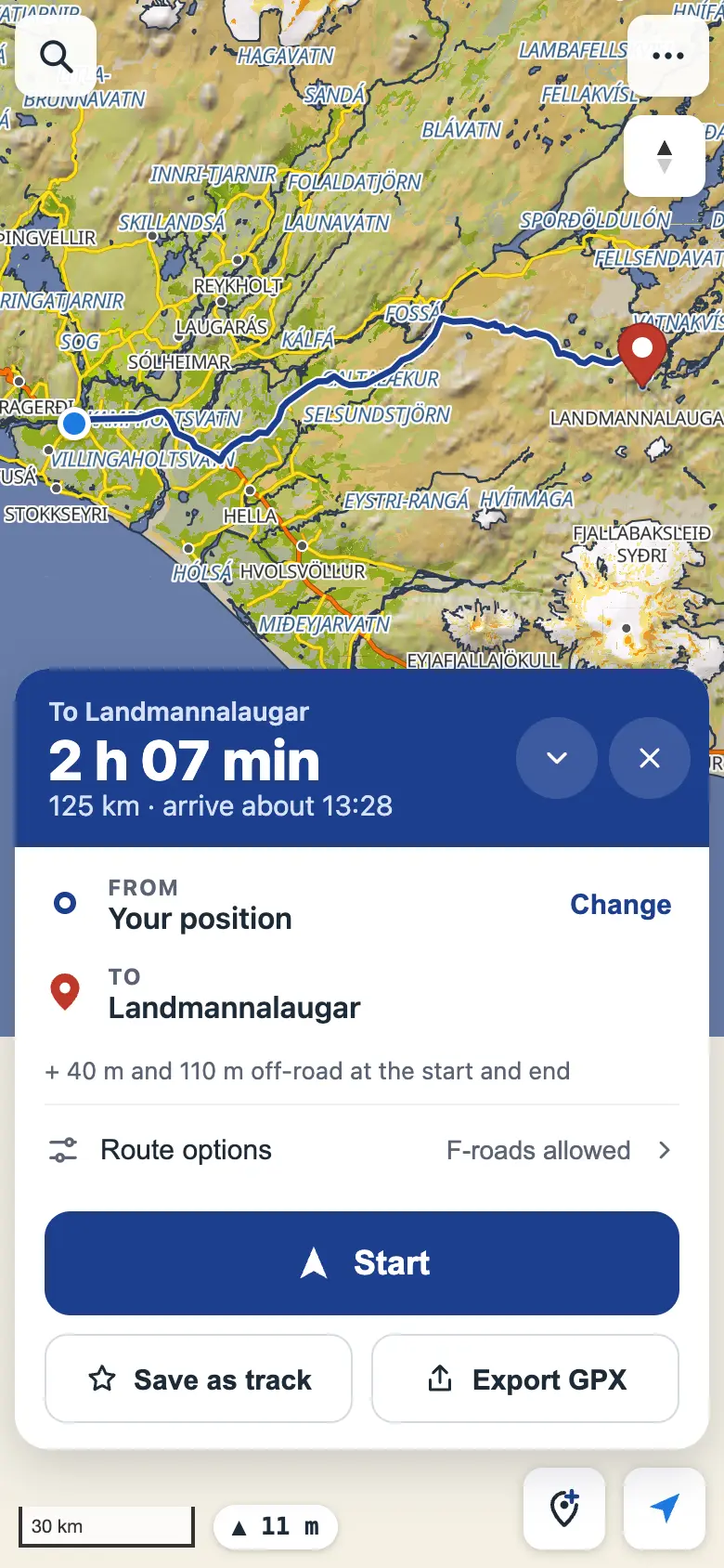 The route card for a route from Selfoss to Landmannalaugar: 2 hours, 125 km, the stops, route options and a Start button