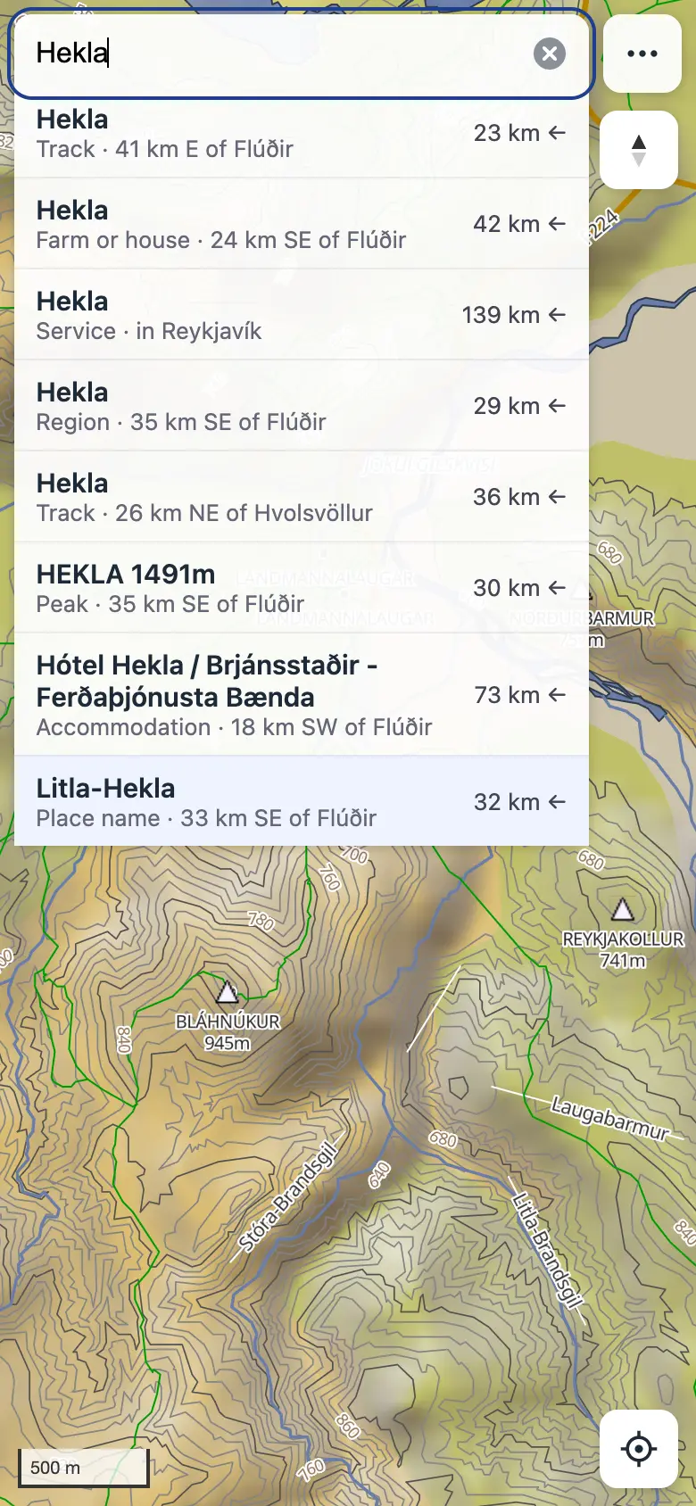 Search results for Hekla: tracks, a farm, a peak, a region and accommodation, each with what it is, where and how far